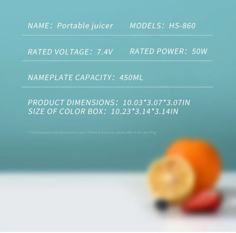 10 Blades Portable Fruit Juicer 450ml Capacity 3 Gears USB Rechargeable Blender Ice Crusher, can make smoothies/ice