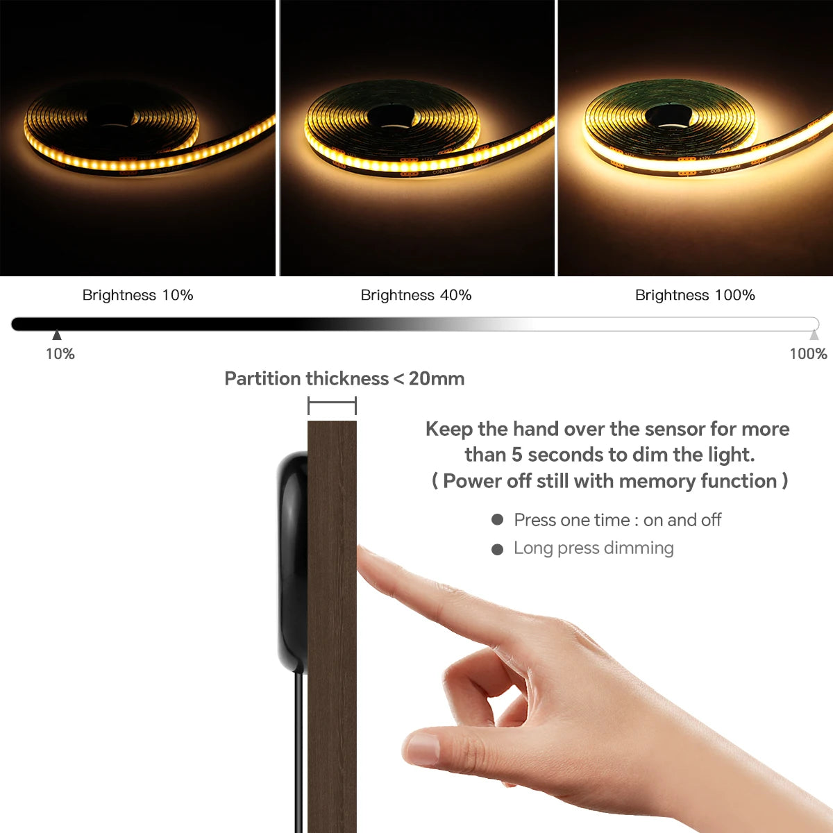 Touch Dimmable Black PCB LED Strip Light COB Tape For Walnut Acoustic Wooden Slat Grille TV Background Wall Panel&Cabinet Decor